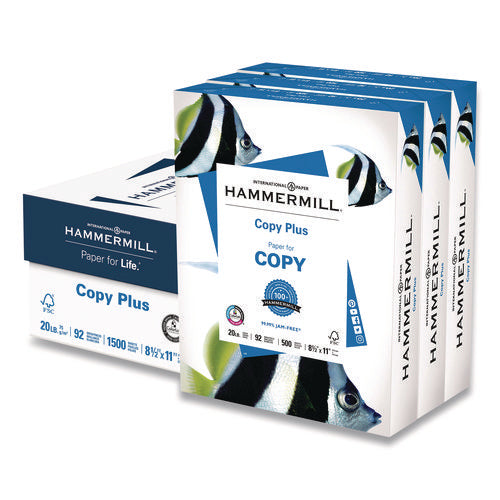 Image of Hammermill® Copy Plus Print Paper, 92 Bright, 20 lb Bond Weight, 8.5 x 11, White, 500 Sheets/Ream, 3 Reams/Carton