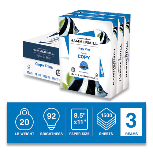 Image of Hammermill® Copy Plus Print Paper, 92 Bright, 20 lb Bond Weight, 8.5 x 11, White, 500 Sheets/Ream, 3 Reams/Carton