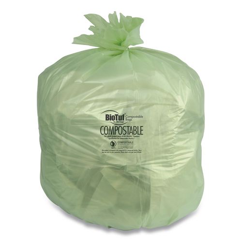 Image of Heritage Biotuf Compostable Can Liners, 48 gal, 0.8 mil, 42" x 48", Green, 25 Bags/Roll, 5 Rolls/Carton
