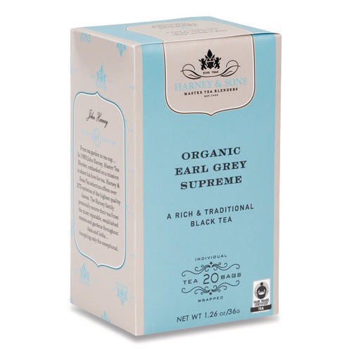 Image of Harney & Sons Premium Tea, Organic Earl Grey Supreme Black Tea, Individually Wrapped Tea Bags, 20/box