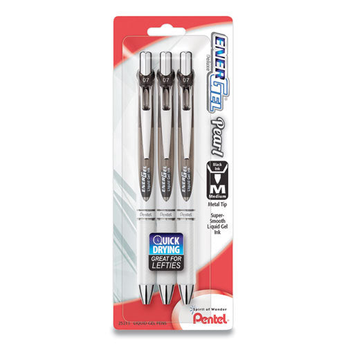 Image of Pentel® Energel Pearl Gel Pen, Retractable, Medium 0.7 Mm, Black Ink, White/black Barrel, 3/pack