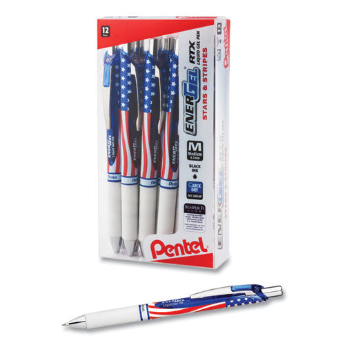 Image of Pentel® Energel Rtx Stars And Stripes Gel Pen, Retractable, Medium 0.7 Mm, Black Ink, Red/white/blue Barrel, Dozen