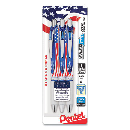 Image of Pentel® ENERGEL RTX STARS AND STRIPES GEL PEN, RETRACTABLE, MEDIUM 0.7 MM, BLACK INK, RED/WHITE/BLUE BARREL, 3/PACK