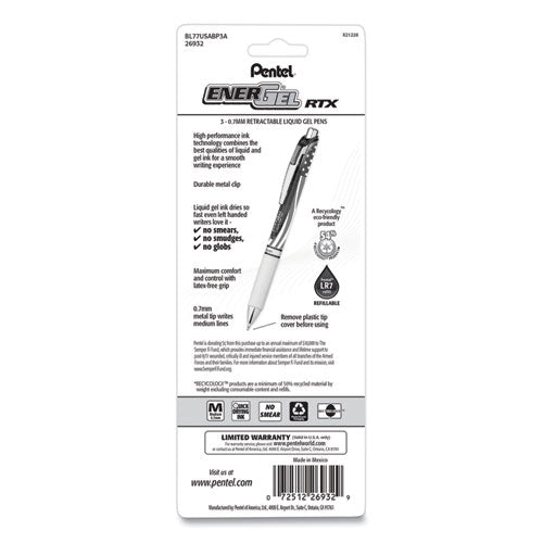 Image of Pentel® ENERGEL RTX STARS AND STRIPES GEL PEN, RETRACTABLE, MEDIUM 0.7 MM, BLACK INK, RED/WHITE/BLUE BARREL, 3/PACK