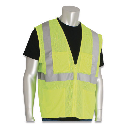 Image of PIP ANSI Class 2 Four Pocket Zipper Safety Vest, Polyester Mesh, 4X-Large, Hi-Viz Lime Yellow