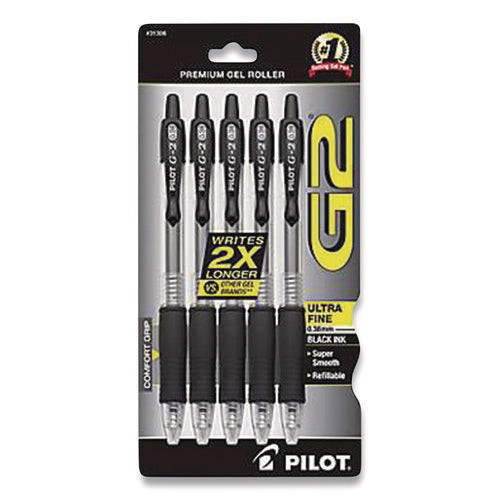 Image of Pilot® G2 Premium Gel Pen, Retractable, Extra-Fine 0.38 mm, Black Ink, Clear/Black Barrel, 5/Pack
