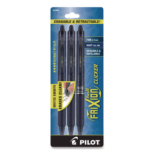 Image of Pilot® FriXion Clicker Erasable Gel Pen, Retractable, Fine 0.7 mm, Navy Ink, Navy Barrel, 3/Pack