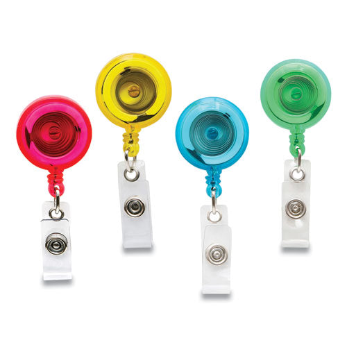 Image of SICURIX® ID Slide-Style Belt Clip Card Reels, 30" Extension, Round, Green/Light Blue/Pink/Yellow, 4/Pack