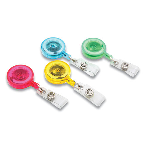 Image of SICURIX® ID Slide-Style Belt Clip Card Reels, 30" Extension, Round, Green/Light Blue/Pink/Yellow, 4/Pack