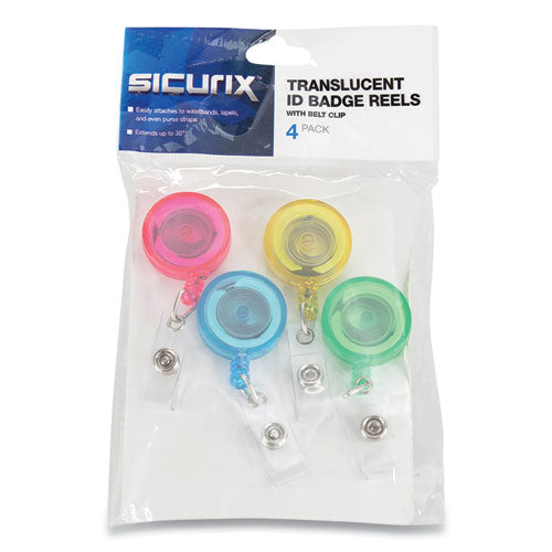 Image of SICURIX® ID Slide-Style Belt Clip Card Reels, 30" Extension, Round, Green/Light Blue/Pink/Yellow, 4/Pack