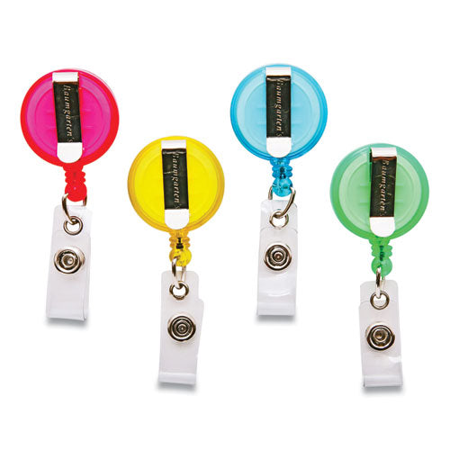 Image of SICURIX® ID Slide-Style Belt Clip Card Reels, 30" Extension, Round, Green/Light Blue/Pink/Yellow, 4/Pack