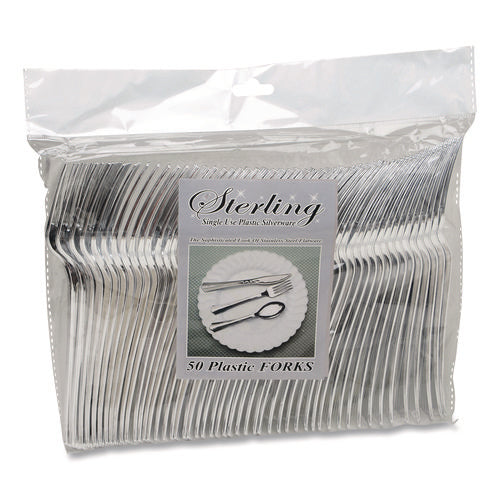 Image of Tablemate® Sterling Heavyweight Plastic Cutlery, Fork, Silver, 50/Pack