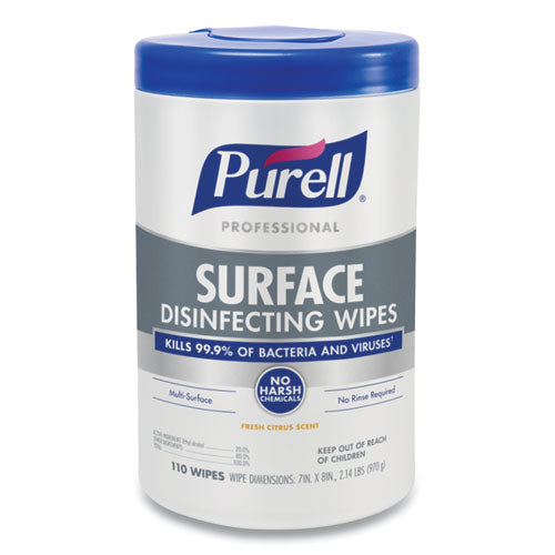 Image of PURELL® Professional Surface Disinfecting Wipes, 1-Ply, 7 x 8, Fresh Citrus, White, 110/Canister, 6 Canisters/Carton