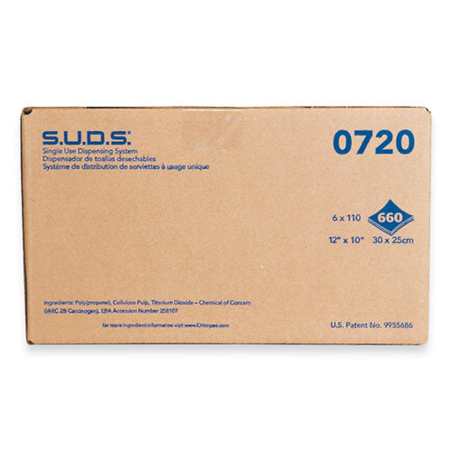 Image of Chicopee® S.U.D.S. Single Use Dispensing System Towels For Quat, 1-Ply, 10 x 12, Unscented, White, 110/Roll, 6 Rolls/Carton