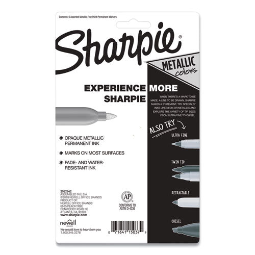 Image of Sharpie® Metallic Fine Point Permanent Markers, Fine Bullet Tip, Blue-Green-Red, 6/pack
