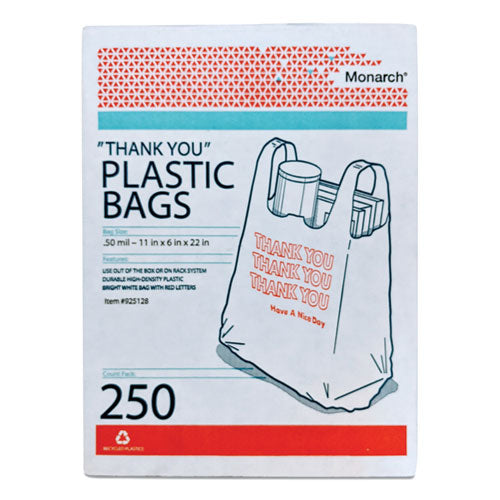 Image of Monarch® Plastic "Thank You - Have a Nice Day" Shopping Bags, Cut-Out Handles, 11.5" x 6.5" x 22", White/Red, 250/Box