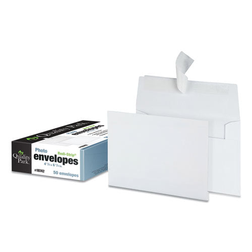 Image of Quality Park Greeting Card/Invitation Envelope, A-4, Square Flap, Redi-Strip Adhesive Closure, 4.5 x 6.25, White, 50/Box