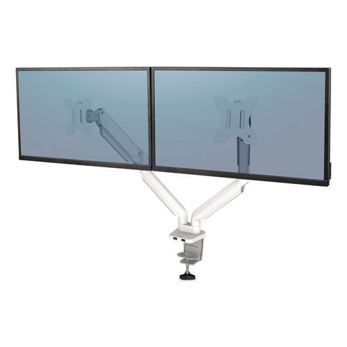 Image of Fellowes® Platinum Series Dual Monitor Arm, For 27" Monitors, 360 Deg Rotation, 45 Deg Tilt, 180 Deg Pan, White, Supports 20 Lb