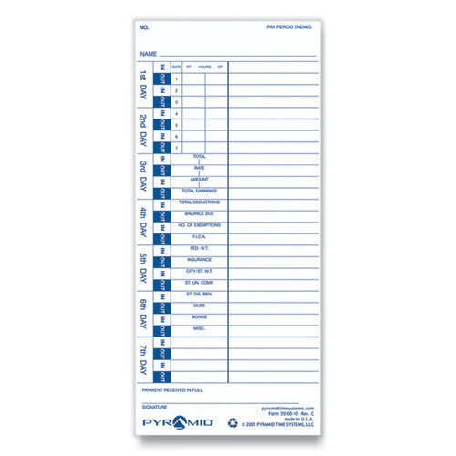 Image of Pyramid Technologies Time Clock Cards For Pyramid Technologies 3000, One Side, 4 X 9, 100/pack