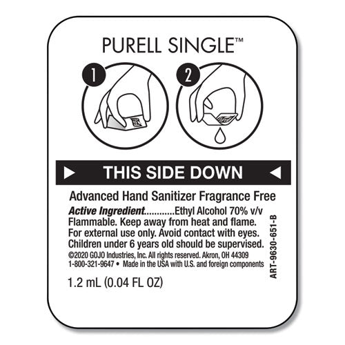 Image of PURELL® Advanced Hand Sanitizer Single Use, Gel, 1.2 mL, Packet, Fragrance-Free, 2,000/Carton