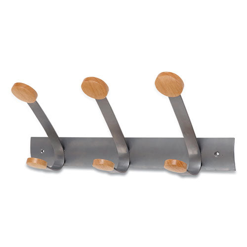Image of Alba Wooden Coat Hook, Three Wood Peg Wall Rack, Brown/Silver, 45 lb Capacity