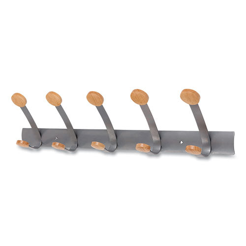Image of Alba Wooden Coat Hook, Five Wood Peg Wall Rack, Brown/Silver, 45 lb Capacity