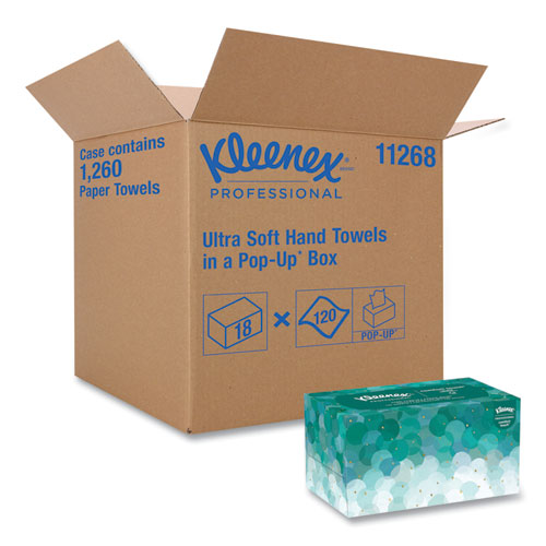 Image of Kleenex® Ultra Soft Hand Towels, POP-UP Box, 1-Ply, 8.9 x 10, White, 70/Box, 18 Boxes/Carton