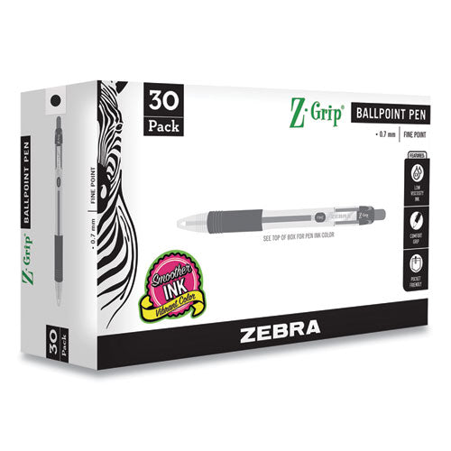 Image of Zebra® Z-Grip Ballpoint Pen, Retractable, Medium 0.7 mm, Black Ink, Clear/Black Barrel, 30/Pack