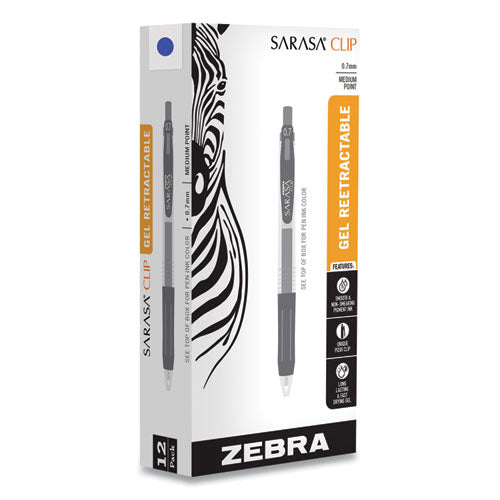 Image of Zebra® Sarasa Clip Gel Pen, Retractable, Medium 0.7 mm, Blue Ink, Clear/Blue Barrel, 12/Pack