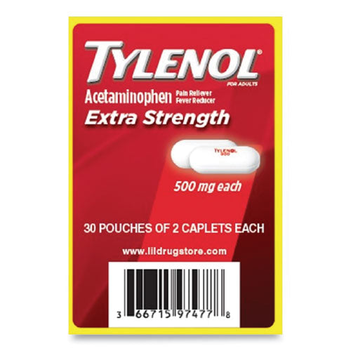 Image of Tylenol® Acetaminophen, 500mg, Extra Strength Caplets, Refill, 2 /Packet, 30 Packets/Box