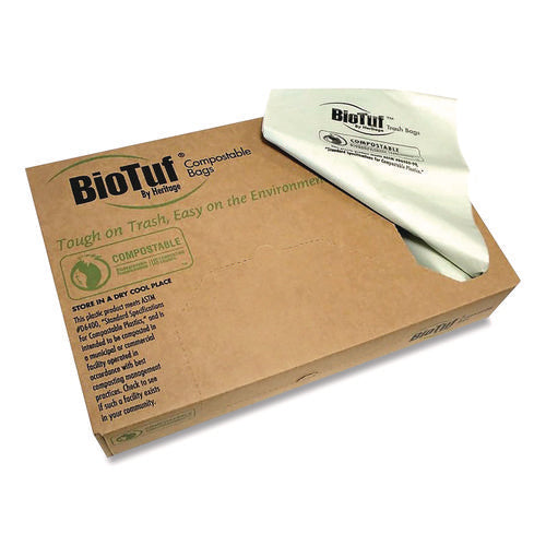 Image of Heritage Biotuf Compostable Can Liners, 33 gal, 0.9 mil, 33" x 39", Light Green, 25 Bags/Roll, 8 Rolls/Carton