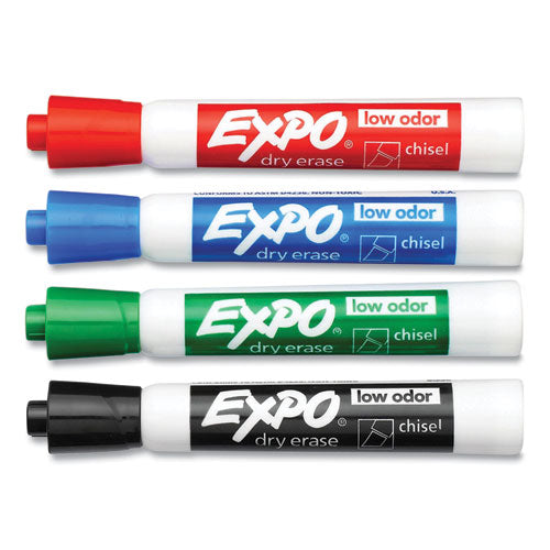 Image of EXPO® LOW-ODOR DRY-ERASE MARKER, PEGGABLE CARD, BROAD CHISEL TIP, ASSORTED COLORS, 4/PACK