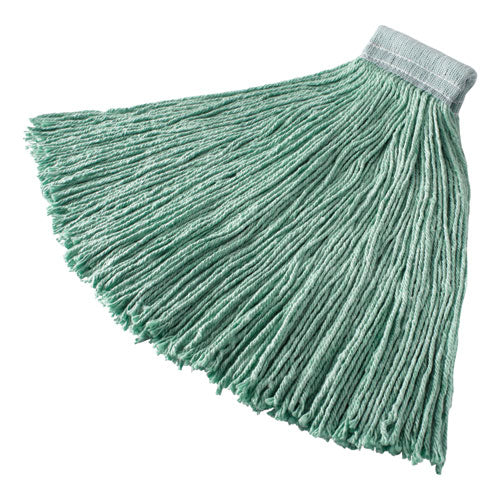 Image of Rubbermaid® Commercial Non-Launderable Cotton/synthetic Cut-End Wet Mop Heads, 24 Oz, Green, 5" White Headband