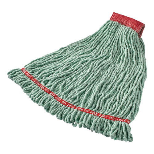 Image of Rubbermaid® Commercial Web Foot Shrinkless Looped-End Wet Mop Head, Cotton/synthetic, Large, Green, 5" Red Headband