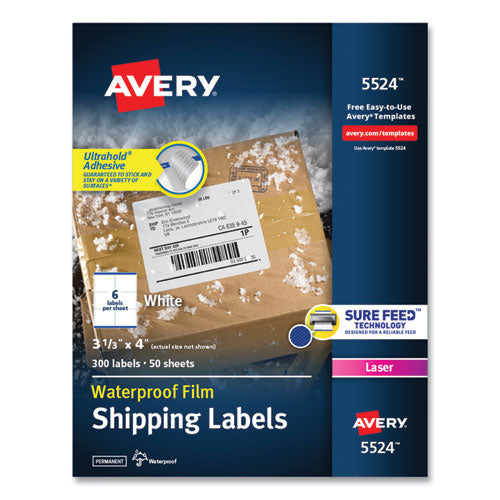 Image of Avery® Waterproof Shipping Labels With Trueblock And Sure Feed, Laser Printers, 3.33 X 4, White, 6/sheet, 50 Sheets/pack