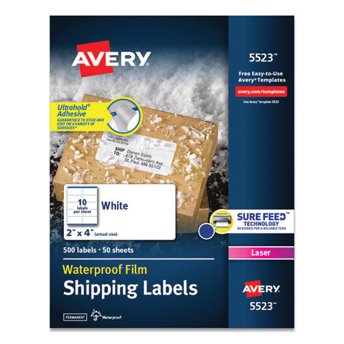 Image of Avery® Waterproof Shipping Labels With Trueblock And Sure Feed, Laser Printers, 2 X 4, White, 10/sheet, 50 Sheets/pack
