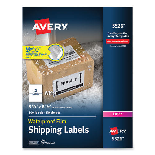 Image of Avery® Waterproof Shipping Labels With Trueblock Technology, Laser Printers, 5.5 X 8.5, White, 2/sheet, 50 Sheets/pack
