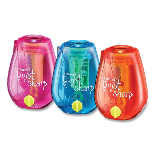 Image of Bostitch® Twist-N-Sharp Pencil Sharpener, One-Hole, 3.5 X 1.25 X 5.5, Assorted Colors, 3/box
