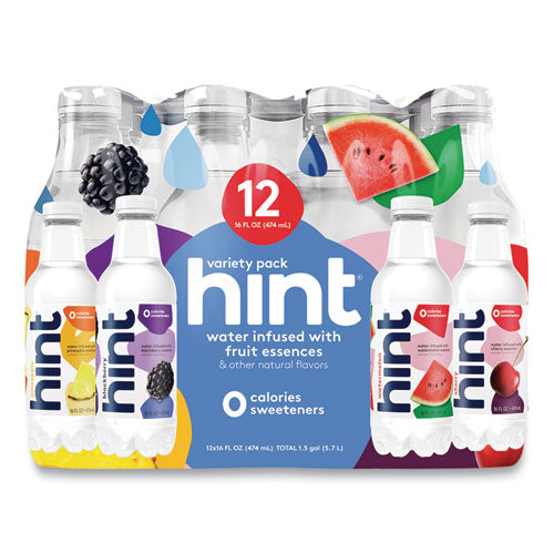 Image of hint® Flavored Water Variety Pack, 3 Blackberry, 3 Cherry, 3 Pineapple, 3 Watermelon, 16 Oz Bottle, 12 Bottles/carton