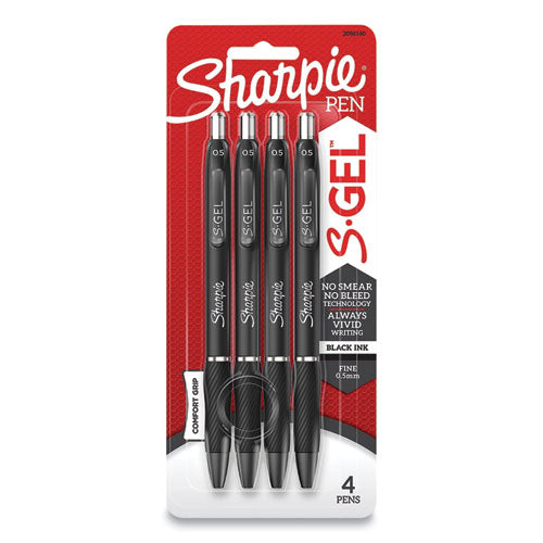 Image of Sharpie® S-Gel S-GEL HIGH-PERFORMANCE GEL PEN, RETRACTABLE, FINE 0.5 MM, BLACK INK, BLACK BARREL, 4/PACK