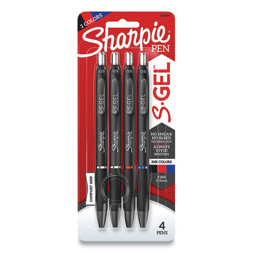 Image of Sharpie® S-Gel S-GEL HIGH-PERFORMANCE GEL PEN, RETRACTABLE, FINE 0.5 MM, ASSORTED INK COLORS, BLACK BARREL, 4/PACK