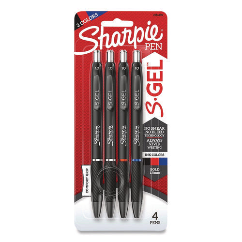 Image of Sharpie® S-Gel S-Gel High-Performance Gel Pen, Retractable, Bold 1 mm, Assorted Ink Colors, Black Barrel, 4/Pack