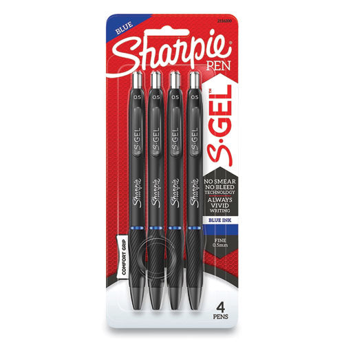 Image of Sharpie® S-Gel S-GEL HIGH-PERFORMANCE GEL PEN, RETRACTABLE, FINE 0.5 MM, BLUE INK, BLACK BARREL, 4/PACK