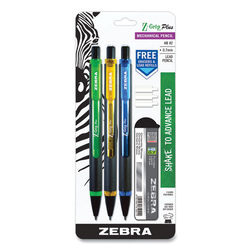 Image of Zebra® Z-Grip Plus Mechanical Pencil, 0.7 Mm, Hb (#2), Black Lead, Assorted Barrel Colors, 3/pack