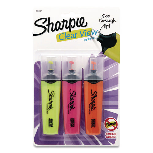 Image of Sharpie® Clearview Tank-Style Highlighter, Assorted Ink Colors, Chisel Tip, Assorted Barrel Colors, 3/pack