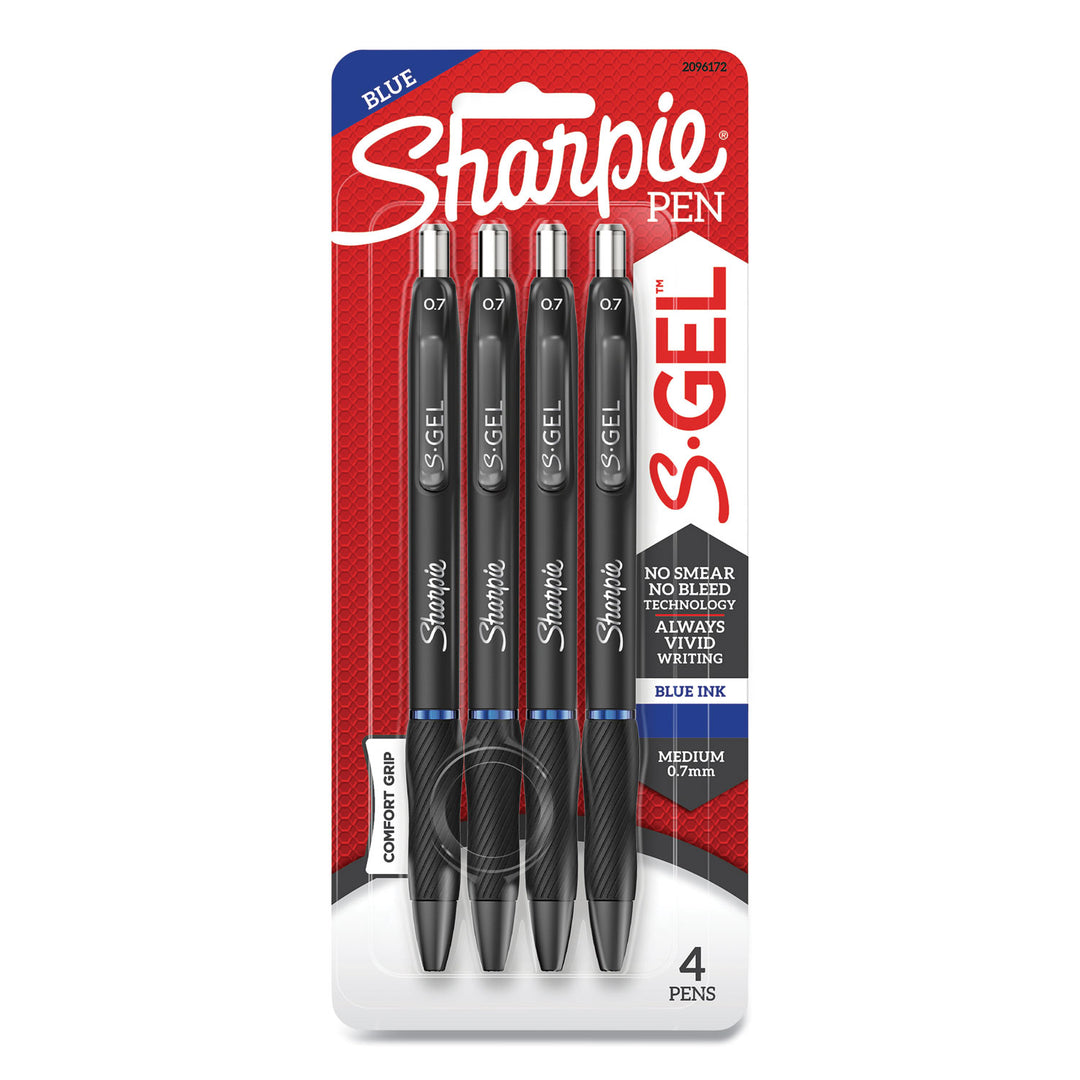 Image of Sharpie® S-Gel S-Gel High-Performance Gel Pen, Retractable, Medium 0.7 Mm, Blue Ink, Black Barrel, 4/pack