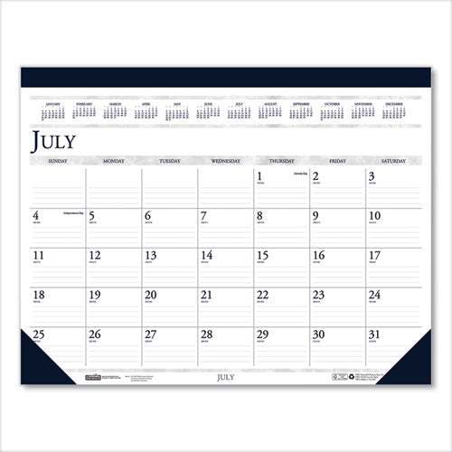 Image of House of Doolittle Recycled Academic Desk Pad Calendar, 18.5 x 13, White/Blue Sheets, Blue Binding/Corners, 14-Month (July to Aug): 2024 to 2025