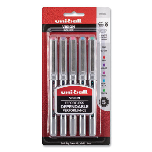 Image of uniball® VISION Rollerball Pen, Stick, Fine 0.7 mm, Assorted Ink and Barrel Colors, 5/Pack