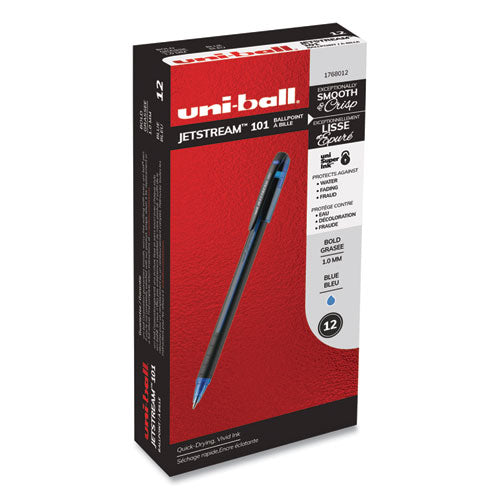 Image of uniball® Jetstream 101 Hybrid Gel Pen, Stick, Bold 1 mm, Blue Ink, Black/Blue Barrel, Dozen