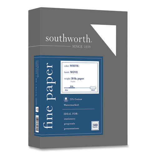 Image of Southworth® 25% Cotton Business Paper, 95 Bright, 20 lb Bond Weight, 8.5 x 11, White, 500 Sheets/Ream